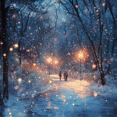 Poster - Couple walking on a snowy path illuminated by streetlights.