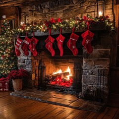 Sticker - Cozy Christmas fireplace with stockings, a decorated tree, and burning fire.