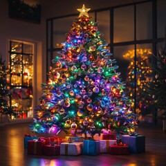 Sticker - Decorated Christmas tree with colorful lights and gifts.