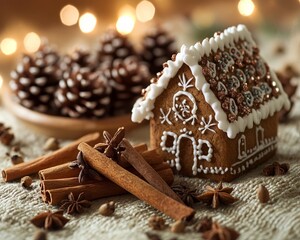 Poster - Decorated gingerbread house with cinnamon sticks and star anise on a burlap background.