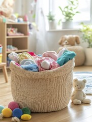 Poster - Soft toys and vibrant children's clothes fill a laundry basket in a brightly lit playroom, creating an inviting atmosphere for kids. Generative AI