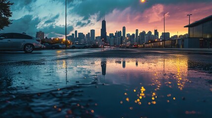 road to the car dealership at dusk, camera located below the horizont line, background city with chicago skyline, reflections on the road after the rain,