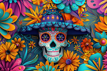 Wall Mural - Beautiful greeting card with bright holiday composition for happy to joy celebrate dia de muertos