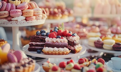 Wall Mural - A buffet table adorned with luxurious cakes and desserts, Generative AI