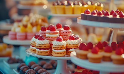 Wall Mural - A buffet table adorned with luxurious cakes and desserts, Generative AI