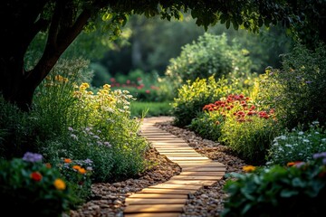 Canvas Print - A winding wooden path through a lush garden with colorful flowers on either side, bathed in the golden light of the setting sun.