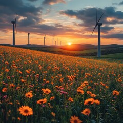 Canvas Print - Wind turbines stand tall in a field of orange wildflowers as the sun sets in the distance.