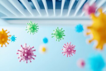 close-up of colorful airborne viruses emerging from air vent, representing health risks and airborne transmission due to poor ventilation and indoor air quality issues