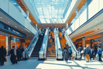 Canvas Print - A busy shopping mall with people on the escalators and shops on both sides.