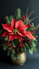 Poster - Festive Christmas poinsettia centerpiece with pine cones and berries in a gold vase.