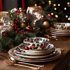 Canvas Print - Festive Christmas table setting with red and gold accents and a holly pattern on the plates.