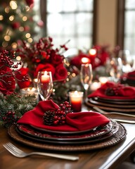 Canvas Print - Festive Christmas table setting with red napkins, candles, and pine cones.