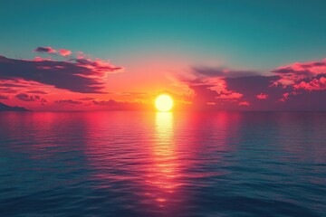 Wall Mural - A vibrant sunset over a calm ocean with a silhouette of a mountain in the distance.