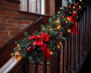 Canvas Print - Festive garland with red bows and pine cones on a wooden staircase railing.