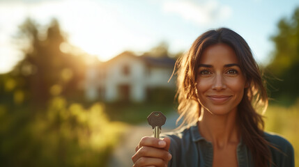 Wall Mural - A woman is holding a key and smiling