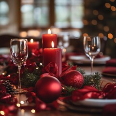 Sticker - Festive table setting with red candles, ornaments, and pine branches.