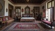 © Timeless Touch - A traditional Persian bedroom, with rich fabrics, intricate rugs, and carved wood furniture, exuding luxury and culture