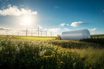 A serene landscape with green fields and wind turbines under a bright sky. This photo captures renewable energy and nature harmony beautifully. Generative AI