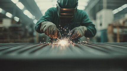 A man in a green jacket is working on a piece of metal with sparks flying