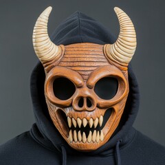 A detailed wooden mask with horns and a fierce expression on a person wearing a dark hoodie.