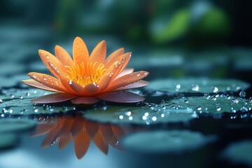 A single orange water lily with raindrops blooms on a pond.