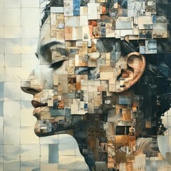 Wall Mural - A portrait of a person's face made up of various old photographs. The face is in profile, with the person's eyes closed.