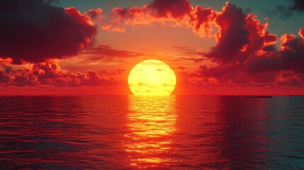 Sticker - A vibrant sunset over a calm ocean with a large, glowing sun sinking below the horizon.