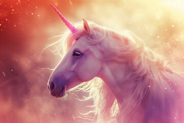 Fantastically beautiful mythological pink unicorn with long horn