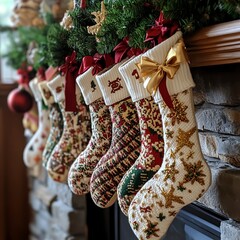 Sticker - Five colorful Christmas stockings hanging on a fireplace mantel.