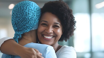 Affectionate Mother Embracing Daughter with Cancer in Hospital