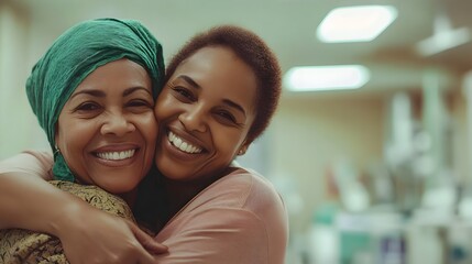 Smiling Mother and Daughter Embrace with Compassion at Hospital