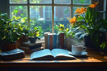 Poster - A cozy windowsill with an open book, a cup of coffee, and potted plants basking in the morning sunlight.