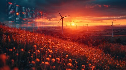 Poster - Wind turbines in a field at sunset with a digital overlay.