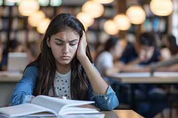 Canvas Print - Zoom in on the student's furrowed brow as they struggle to comprehend complex concepts, highlighting the mental strain of academic pressure. , background blur