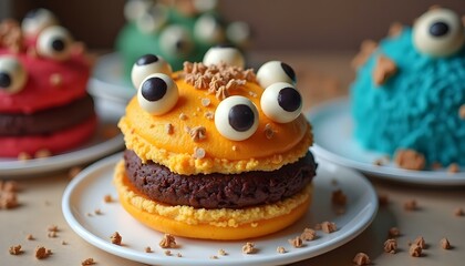 Colorful desserts resembling friendly monsters with large eyes and fun textures on plates