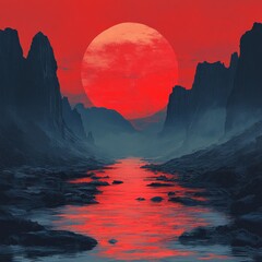 Poster - A red sun sets over a valley with a winding river in the foreground. The sky is a fiery red, and the mountains are silhouetted against the light.