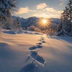 Canvas Print - Footprints in the snow leading towards a mountain range and a sunrise.