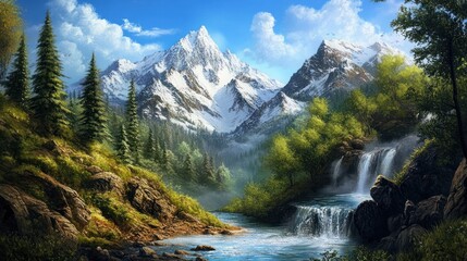 Sticker - Majestic Mountain Landscape with Waterfall