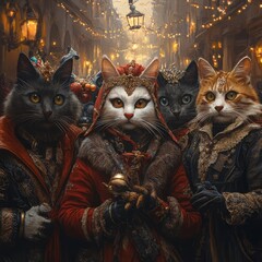 Canvas Print - Four cats dressed in medieval costumes, walking down a festive street.