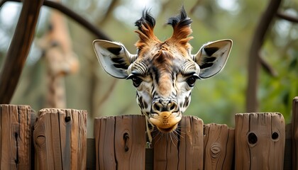 Wall Mural - Curious baby giraffe peeks through wooden fence at animal sanctuary