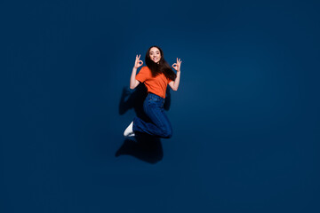 Wall Mural - Photo of nice adorable cheerful woman wear orange trendy clothes outfit okey sign isolated on dark blue color background