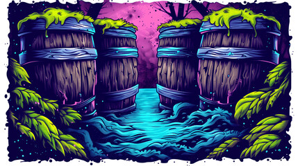 A painting of two barrels with green moss on them. The painting is in a dark blue color