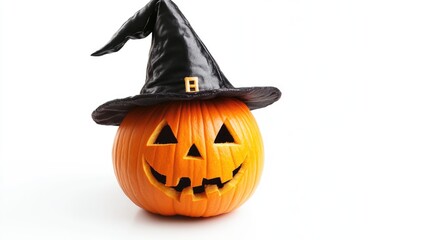 Poster - Halloween pumpkin wearing a witch hat on a white background