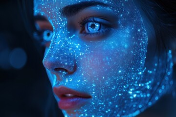 Canvas Print - A woman with blue eyes and glowing skin looks to the side, her face illuminated by a soft blue light.