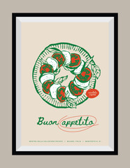 Minimal hand drawn vector Italian cuisine illustration with aesthetic quote in a poster frame.