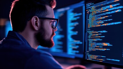 young man programming on computer with colorful code on screen in dark environment.