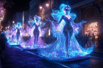 Sticker - Four luminous fairy figures on floats during a nighttime parade, glowing in blue and purple light.