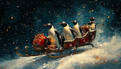 Sticker - Four penguins riding a sleigh full of presents under a starry sky.