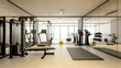 © Abdul - A spacious, minimalist home gym with floor-to-ceiling mirrors, high-end fitness equipment, and a smooth concrete floor