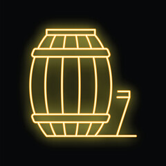 Canvas Print - Yellow neon icon of a wooden barrel with a tap for beer or wine making